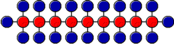 Een wat längere Kahlenwaterstoffkeed. Rood = Kahlenstoff, Blaag = Waterstoff